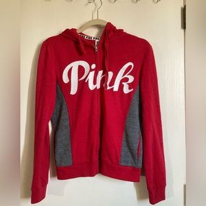 🌞VS Pink Red and Gray Hooded Sweatshirt with Pink in White A
